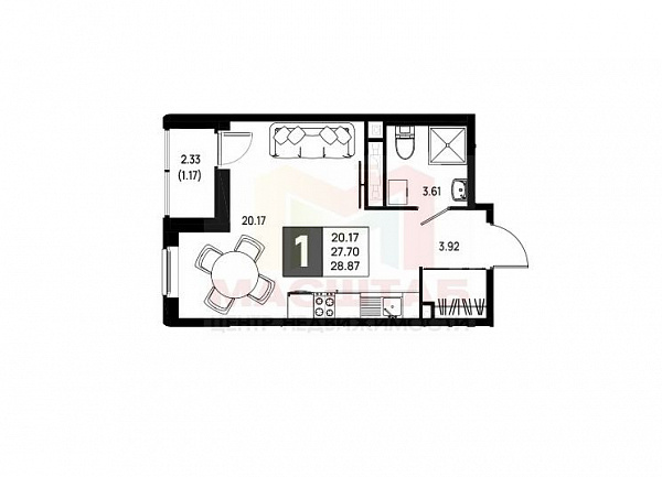 Студия, 28,8м², 19/23 эт.